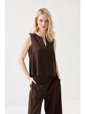 Gusto Kolsuz Tencel Bluz - Kahverengi