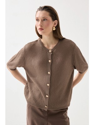 Gusto Kısa Kol Örgülü Keten Triko - Kahverengi