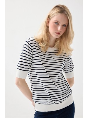 Gusto Çizgili Kısa Kol Triko Bluz - Beyaz