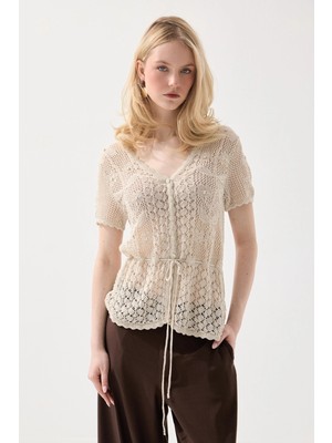 Gusto Ajurlu Kısa Kollu Keten Triko Ceket Bluz - Taş