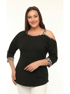 Curvy Trend Büyük Beden Asimetrik Tek Omuz Leopar Bant Leopar Kol Ucu Detaylı Bluz
