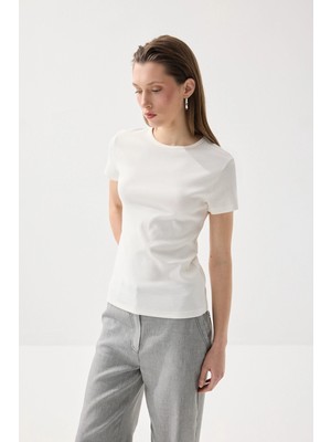 Gusto Bisiklet Yaka Pamuk Tshirt - Beyaz