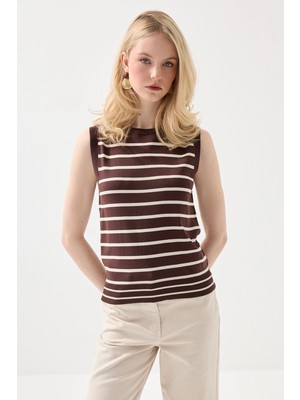 Gusto Çizgili Merserize Triko Bluz - Kahverengi