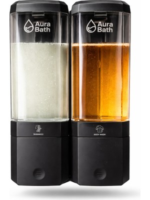 Aura Bath Duvara Monte 2’li Sıvı Sabunluk Şampuan ve Duş Jeli Dispenseri Şeffaf Hazneli Siyah