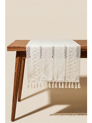 Perotti Regina %100 Pamuklu Püsküllü Çizgili Dekoratif Runner - Beige 35X145 cm