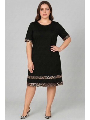 Curvy Trend Büyük Beden Kol Ucu ve Eteği Leopar Garnili Kısa Kol Viskon Elbise