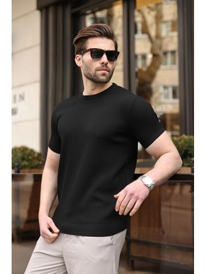 Madmext Siyah Bisiklet Yaka Fitilli Erkek Tişört E7474