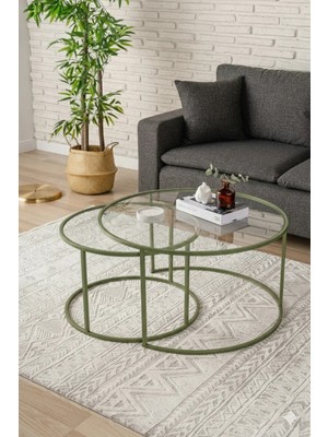 Dekopratik Belarus Orta Sehpa - Mint Yeşili 80CM Şeffaf Camlı Ikili Dekoratif Sehpa