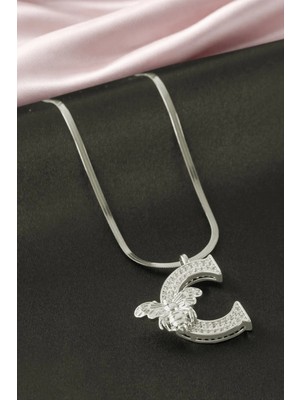 Arı Zirkon Taşlı Gümüş Renkli Harfli Çelik Kolye