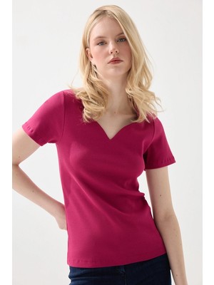 Gusto Kalp Yaka Pamuk Kaşkorse Bluz - Fuşya