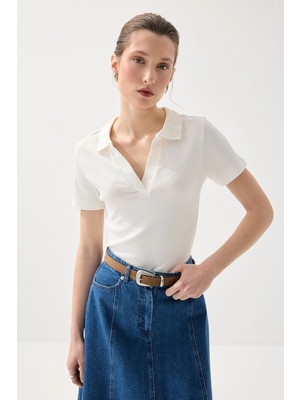 Gusto Polo Yaka Kaşkorse Tshirt - Beyaz