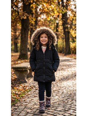 HaanBebe Kız Çocuk Kürklü Kapüşonlu Siyah Şişme Mont - Su Geçirmez Kışlık Parka