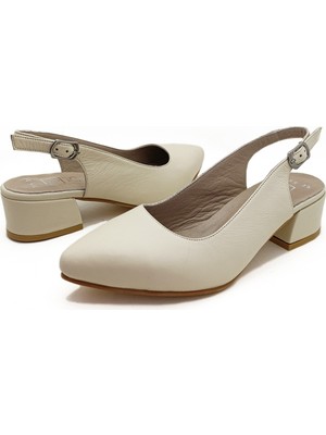 Gdt Ayakkabı Hakiki Deri Bej Renk Kalın Topuk 35-36-37-38-39-40-41 Numara Kadın Topuklu Ayakkabı