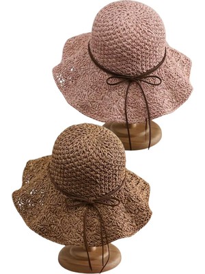 Tezzgelsin Kadın Yazlık Hasır Şapka Örgü Desenli Geniş Kenarlı Bohem Plaj Şapkası 2'li Set