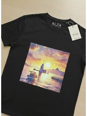 Alza Design Istanbul Kız Kulesi Fotoğraf Baskılı Siyah Tişört - Unisex Tasarım