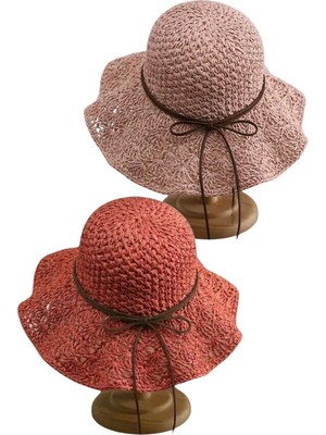 Tezzgelsin Kadın Yazlık Hasır Şapka Örgü Desenli Geniş Kenarlı Bohem Plaj Şapkası 2'li Set