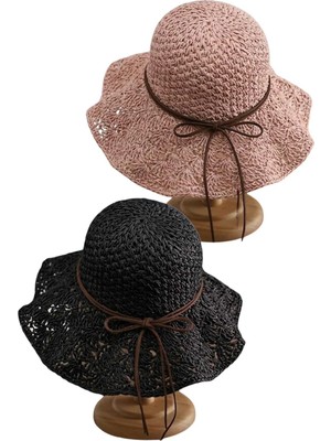 Tezzgelsin Kadın Yazlık Hasır Şapka Örgü Desenli Geniş Kenarlı Bohem Plaj Şapkası 2'li Set