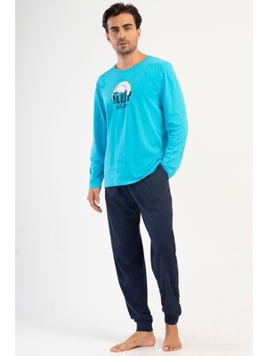 Vienetta Erkek Uzun Kol Turkuaz %100 Pamuk Rahat Kalıp Baskılı Pijama Takımı C8T9N1504
