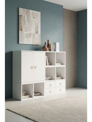 For Woman Ahşap Kitaplık Konsol 2 Kapak 4 Çekmeceli Modern Düzen Sistemi