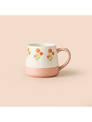 Evidea Kitchen Turuncu Çiçekli Seramik Kupa - Beyaz - 500 ml