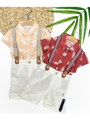 Diji Baby 9-12-18-24 Ay Pamuk Keten Kumaş Hawai Gömlek Lastik Askılı 2li Erkek Bebek Takımı