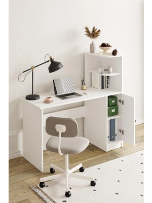 Hofga Pera Çalışma Masası 2 Raflı Kitaplık 1 Kapaklı Dolaplı Ofis Ev Beyaz