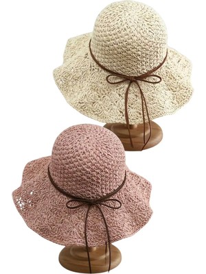 Tezzgelsin Kadın Yazlık Hasır Şapka Örgü Desenli Geniş Kenarlı Bohem Plaj Şapkası 2'li Set