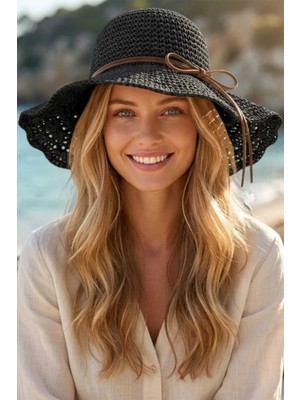 Tezzgelsin Kadın Yazlık Hasır Şapka Örgü Desenli Geniş Kenarlı Bohem Plaj Şapkası