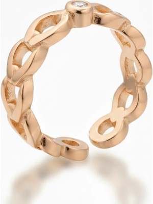 Tesbihname Zirkon Taşlı Zincir Tasarım Rose Renk 925 Ayar Gümüş Kadın Tektaş Yüzük