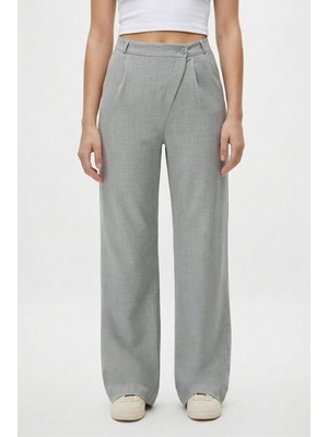 Ritnice Kadın Gale Poliviskon Çapraz Tasarım Düğmeli Arkadan Lastikli Gri Dokuma Pantolon