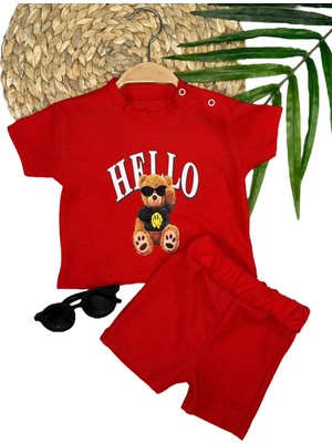 Diji Baby 9-12-18-24 Ay Hello Gözlüklü Ayıcık Baskılı Şortlu Kısa Kollu Tişört 2li Erkek Bebek Takımı
