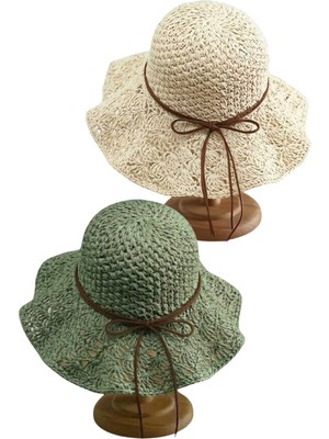 Tezzgelsin Kadın Yazlık Hasır Şapka Örgü Desenli Geniş Kenarlı Bohem Plaj Şapkası 2'li Set