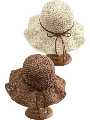 Tezzgelsin Kadın Yazlık Hasır Şapka Örgü Desenli Geniş Kenarlı Bohem Plaj Şapkası 2'li Set