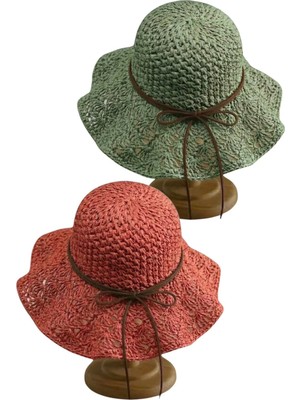 Tezzgelsin Kadın Yazlık Hasır Şapka Örgü Desenli Geniş Kenarlı Bohem Plaj Şapkası 2'li Set