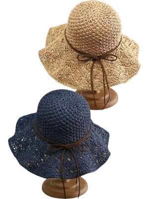 Tezzgelsin Kadın Yazlık Hasır Şapka Örgü Desenli Geniş Kenarlı Bohem Plaj Şapkası 2'li Set