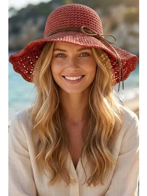 Tezzgelsin Kadın Yazlık Hasır Şapka Örgü Desenli Geniş Kenarlı Bohem Plaj Şapkası
