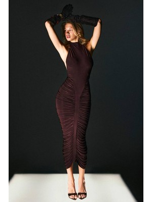 BMD Anastasia Büzgülü Midi Elbise - Kahverengi