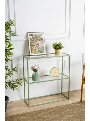 Dekopratik Berra Camlı Metal Dresuar Dekoratif Raflı Kahve Köşesi Konsol - Mint Yeşili
