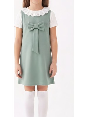 Modanino Kız Çocuk 2'li Elbise (Double Face Kumaş Elbise+Nakış Yakalı Bluz) 4-9 Yaş 12563