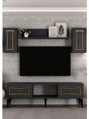 Cantek Dizayn TV1398-1398-TV150-32 Tv Ünitesi Takımı Antrasit-Altın