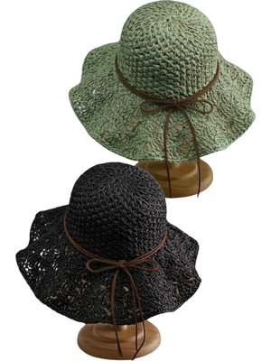 Tezzgelsin Kadın Yazlık Hasır Şapka Örgü Desenli Geniş Kenarlı Bohem Plaj Şapkası 2'li Set