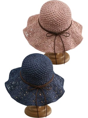 Tezzgelsin Kadın Yazlık Hasır Şapka Örgü Desenli Geniş Kenarlı Bohem Plaj Şapkası 2'li Set