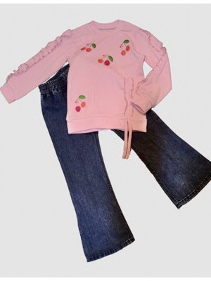 Diji Baby 4-5-6 Yaş Kot Pantolonlu Flamingo Desenli Penye Sweat Uzun Kollu 2li Kız Çocuk Takımı