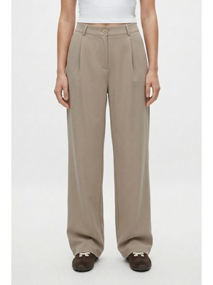 Ritnice Kadın Cedric Poliviskon Düğmeli Arkadan Lastikli Bej Dokuma Pantolon