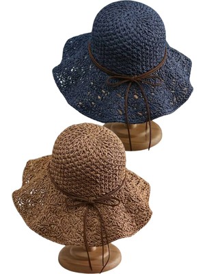 Tezzgelsin Kadın Yazlık Hasır Şapka Örgü Desenli Geniş Kenarlı Bohem Plaj Şapkası 2'li Set