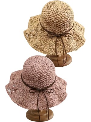 Tezzgelsin Kadın Yazlık Hasır Şapka Örgü Desenli Geniş Kenarlı Bohem Plaj Şapkası 2'li Set
