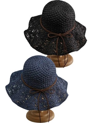 Tezzgelsin Kadın Yazlık Hasır Şapka Örgü Desenli Geniş Kenarlı Bohem Plaj Şapkası 2'li Set