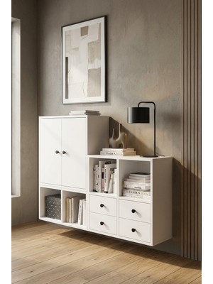 For Woman Ahşap Kitaplık Konsol 2 Kapak 4 Çekmeceli Modern Düzen Sistemi Çok Amaçlı Dolap