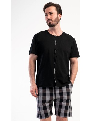 Vienetta Erkek Önden Düğmeli Kısa Kol Şortlu Siyah %100 Pamuk Pijama Takımı C8T8N1904