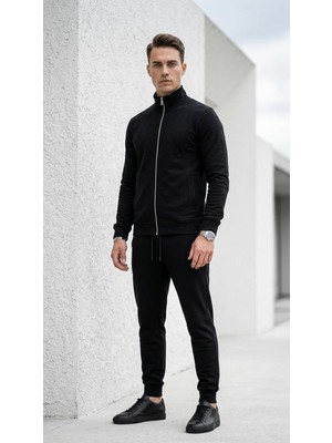 Plus Scorpion Erkek Eşofman Takımı Slim Fit Dokulu Kumaş Fermuarlı Üst Lastikli Paça Modern Spor Takım